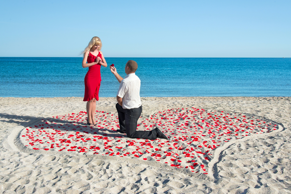 ビーチでプロポーズするカップル